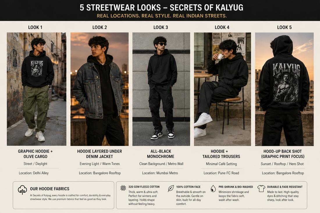 Secrets of Kalyug streetwear hoodie styling guide featuring five oversized hoodie outfits and premium 320 GSM cotton fleece hoodie fabric details.