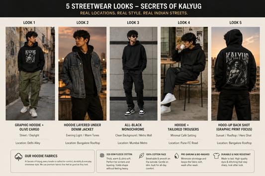 Secrets of Kalyug streetwear hoodie styling guide featuring five oversized hoodie outfits and premium 320 GSM cotton fleece hoodie fabric details.