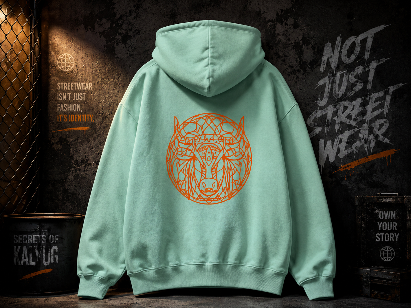 Mint green oversized hoodie with orange mandala bull graphic back print in aesthetic streetwear mockup for Secrets of Kalyug hoodie collection India