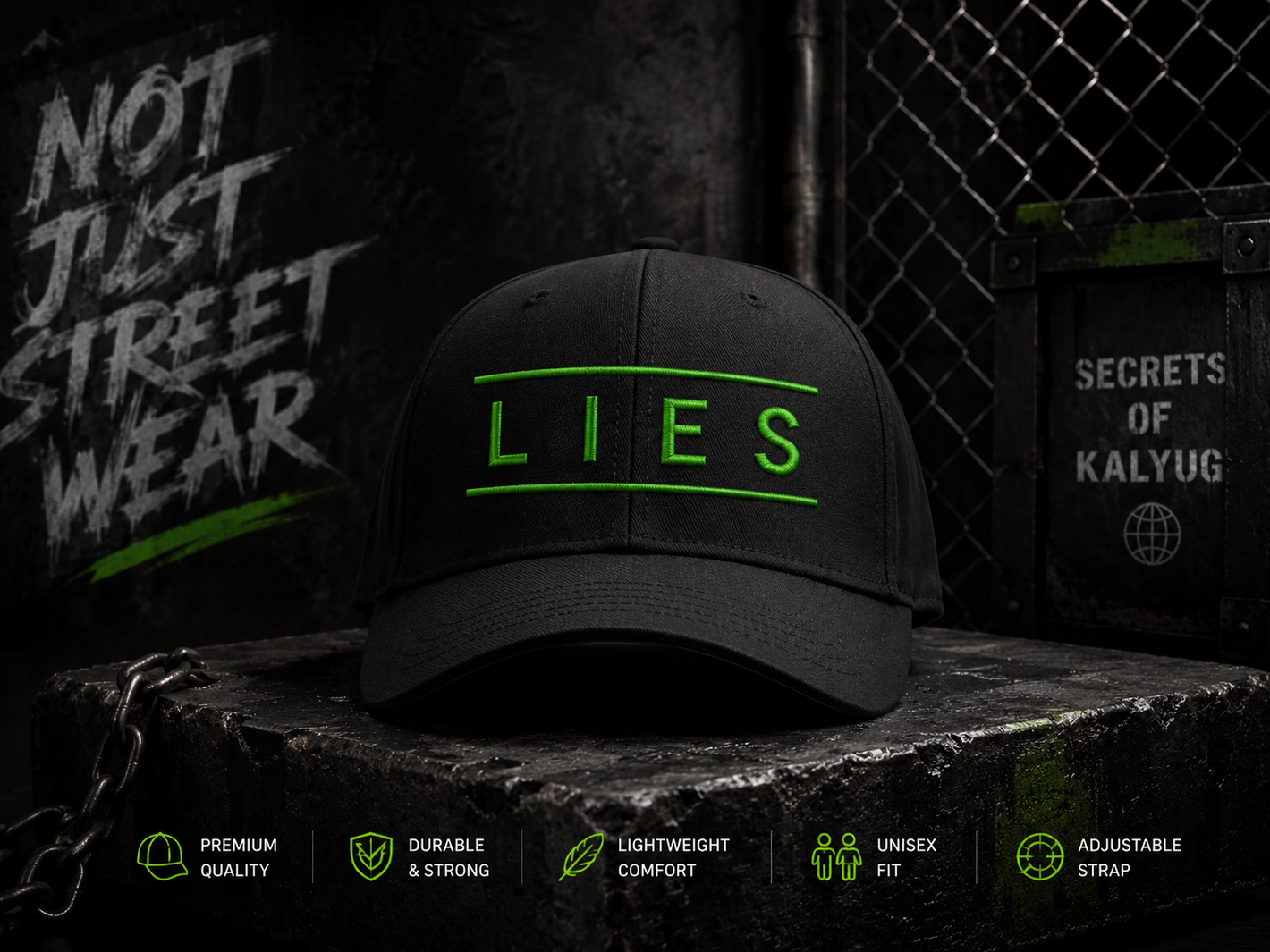 Black streetwear baseball cap with neon green LIES embroidered graphic in urban dark aesthetic product mockup for Secrets of Kalyug India