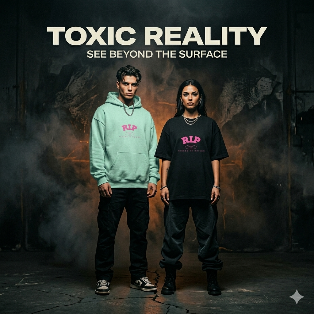 A streetwear ad for TOXIC REALITY, tagline "SEE BEYOND THE SURFACE". Two models stand in a smoky warehouse with a fire. The male wears a teal hoodie and the female a black tee, both with "RINSING IN POISON".
