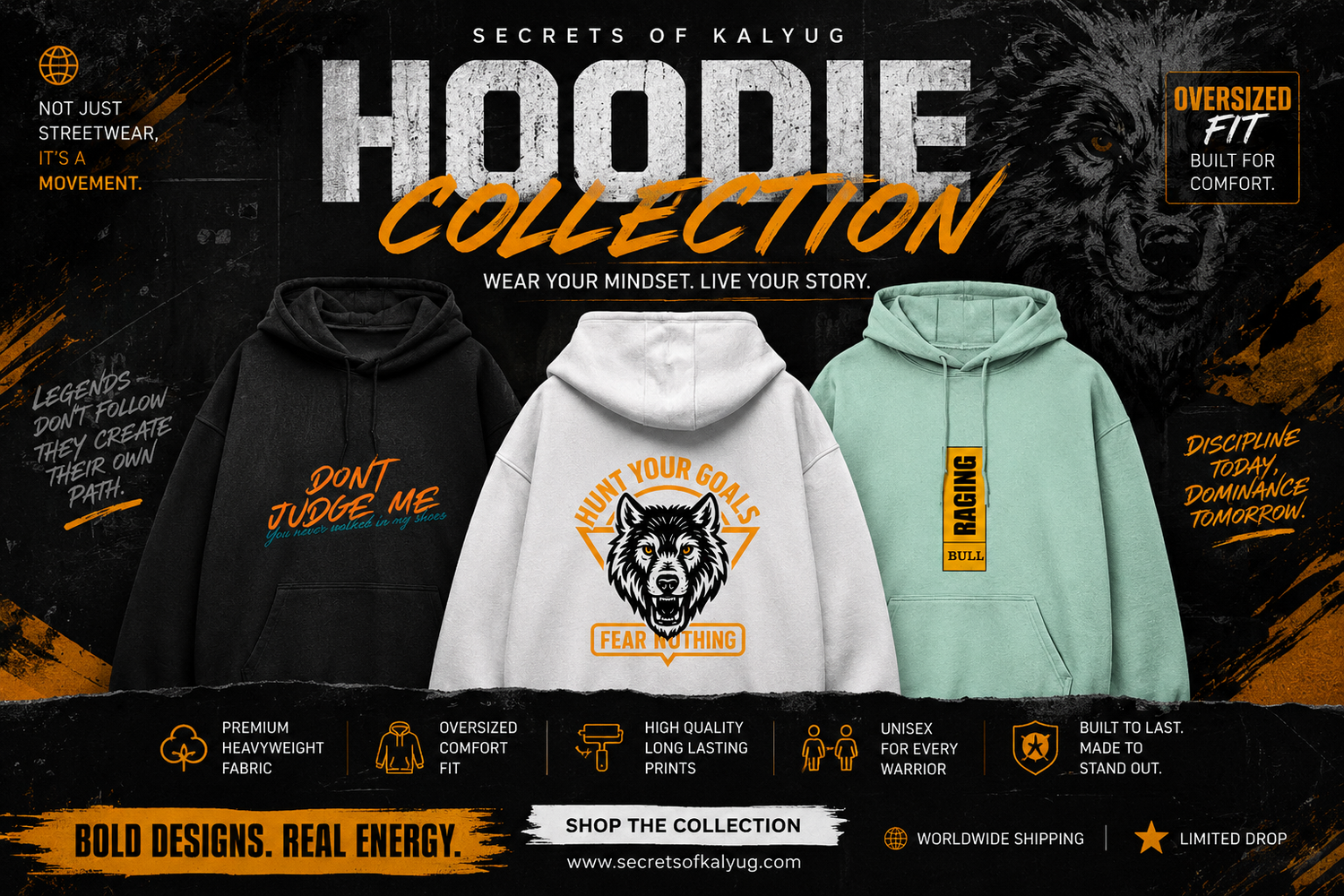 Three oversized hoodies from Secrets of Kalyug displayed on a dark background