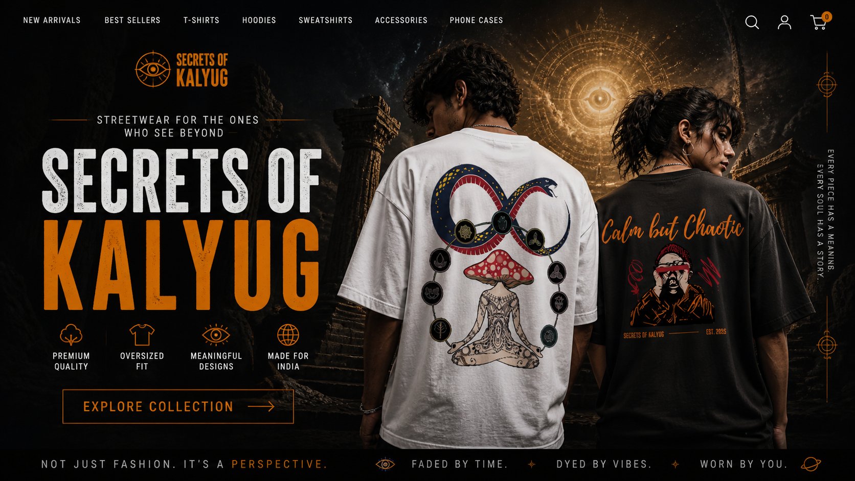 Two people wearing t-shirts with designs, promotional banner for 'Secrets of Kalyug' brand.
