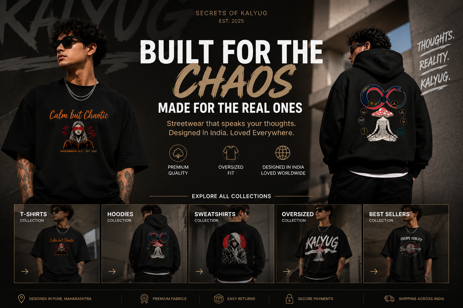 Secrets of Kalyug streetwear brand banner featuring premium men’s t-shirts, hoodies, sweatshirts, oversized fits, and best-selling collections, designed in Pune, Maharashtra for modern fashion shoppers across India.